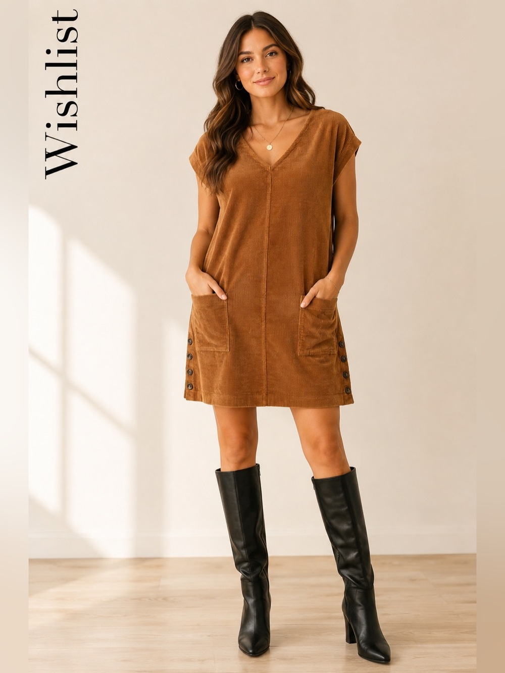 Wishlist Corduroy Mini Dress Brown V-Neck Cap Sleeve Side Buttons Size S